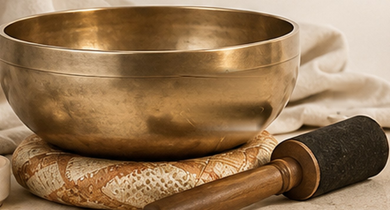 A brass singing bowl resting on its cushion beside a wooden mallet